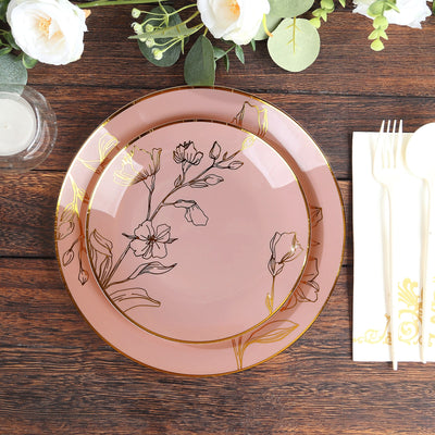 Set of 20 Plastic Round Dinner and Dessert Plates 8", 10" Dusty Rose with Metallic Gold Floral Design - Chic Disposable Dinnerware