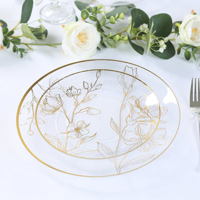 Elegant floral design clear plate with gold accents, perfect for special occasions.