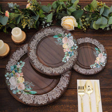 25 Pack Brown Rustic Wood Print 10inch Paper Dinner Plates With Floral Lace Rim, Round Disposable