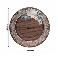 25 Pack Brown Rustic Wood Print 10inch Paper Dinner Plates With Floral Lace Rim, Round