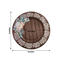 25 Pack Brown Rustic Wood Print 8inch Paper Dessert Plates With Floral Lace Rim, Round