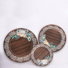 25 Pack Brown Rustic Wood Print 8inch Paper Dessert Plates With Floral Lace Rim, Round Disposable