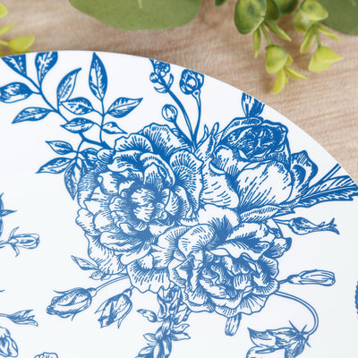 Blue floral design plate with detailed illustrations.