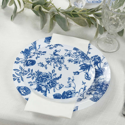 10-Pack French Toile Plastic Dessert Plates – Blue & White Floral, 7" Round Disposable Salad Plates