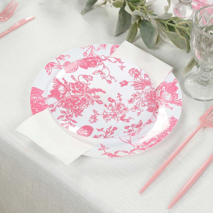 10-Pack French Toile Plastic Dessert Plates – Pink & White Floral, 7" Round Disposable Salad Plates