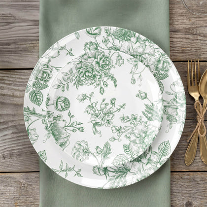 10-Pack French Toile Plastic Dessert Plates – Sage Green & White Floral, 7" Round Disposable Salad Plates