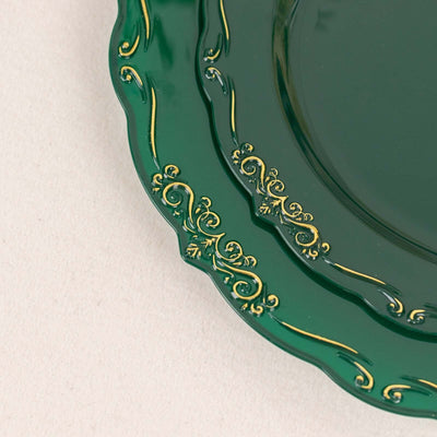 Green decorative plate with gold accents, showcasing intricate design details.