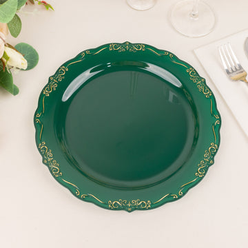 10 Pack Hunter Emerald Green With Gold Vintage Rim Hard Plastic Dinner Plates With Embossed Scalloped Edges