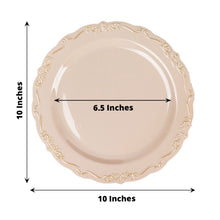 10 Pack | 10inch Taupe With Gold Vintage Rim Hard Plastic Dinner Plates With Embossed