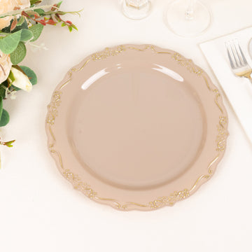 Taupe With Gold Vintage Rim Hard Plastic Dinner Plates With Embossed Scalloped Edges