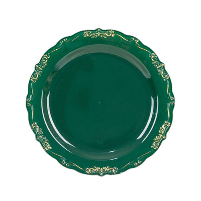 Green decorative plate with gold accents on a white background.