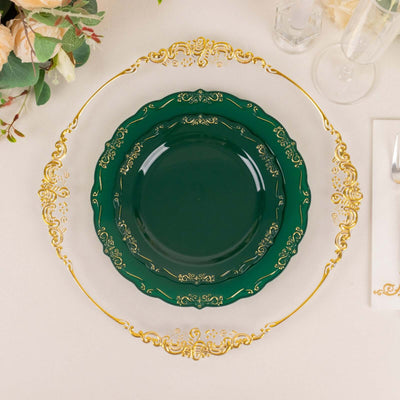Elegant green and gold decorative plates arranged elegantly.