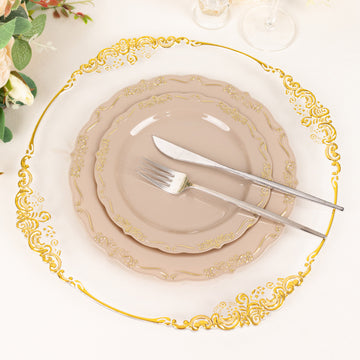 Enhance Your Event with Taupe With Gold Vintage Rim Hard Plastic Dessert Plates