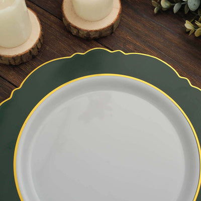 Green decorative plate with yellow trim on a wooden surface.