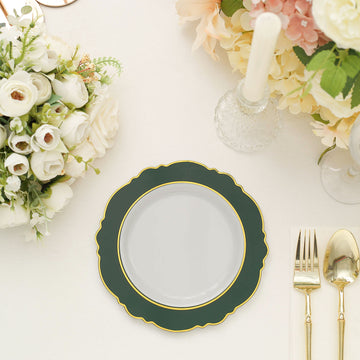 Stylish Hunter Emerald Green and White Plastic Dessert Plates with Gold Rim