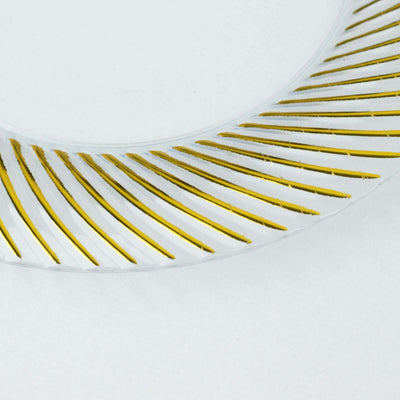 Clear glass plate with gold striped design.