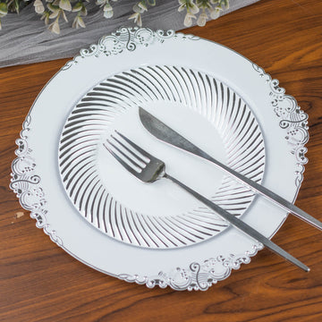 Convenient and Stylish White/Silver Swirl Rim Plastic Plates