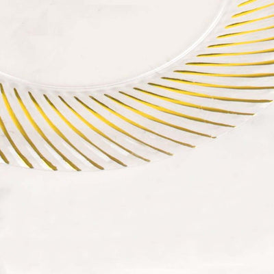 Gold-accented clear glass plate on a white background.