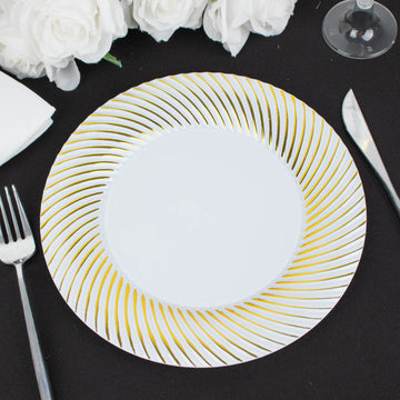 Elevate Your Table Settings with White / Gold Swirl Rim Plastic Dinner Plates