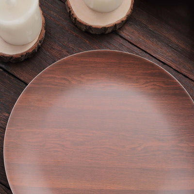 Round wooden plate on a rustic wooden surface.