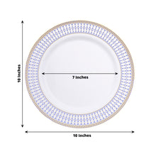 10 Pack White Renaissance Plastic Dinner Plates With Gold Navy Blue Chord Rim, Disposable Party