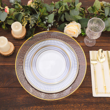 Elegant White Renaissance Plastic Dinner Plates with Gold Navy Blue Chord Rim