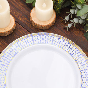 Convenient and Stylish White Renaissance Plastic Dinner Plates with Gold Navy Blue Chord Rim