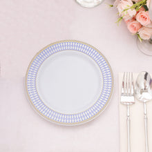 10 Pack White Renaissance Plastic Dessert Plates With Gold Navy Blue Chord Rim, Disposable Salad