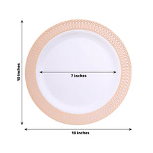 10 Pack White Plastic Dinner Plates With Blush Rose Gold Spiral Rim, Round Disposable Party Plates 10" Round