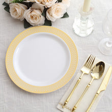 10 Pack White Plastic Dinner Plates With Beige Gold Spiral Rim, Round Disposable Party Plates 10" Round