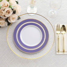 10 Pack White Plastic Dinner Plates With Navy Blue Gold Spiral Rim, Round Disposable Party Plates