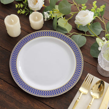 Elevate Your Event with White Plastic Dinner Plates with Navy Blue Gold Spiral Rim