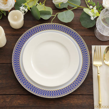 Durable and Elegant White Plastic Dinner Plates with Navy Blue Gold Spiral Rim