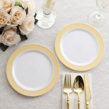 10 Pack White Plastic Dessert Appetizer Plates With Beige Gold Spiral Rim
