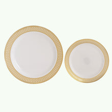 10 Pack White Plastic Dessert Appetizer Plates With Beige Gold Spiral Rim