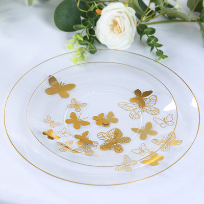 Elegant clear plate with gold butterfly design, perfect for dining decor.
