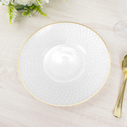 20-Pack Round Plastic Dinner Plates – Pearl White 10" Radial Diamond-Cut Pattern Gold Rim Party Plates, Durable Disposable Tableware