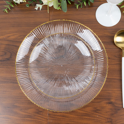 20 Pack Clear Plastic Dessert Plates with Gold Rim – 7" Ribbed Sunburst Pattern – Round Disposable Salad Plates