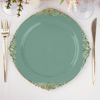 10-Pack Plastic Round Dinner Plates 10" Dusty Sage Green with Gold Leaf Embossed Rim - Vintage Baroque Style Disposable Plates