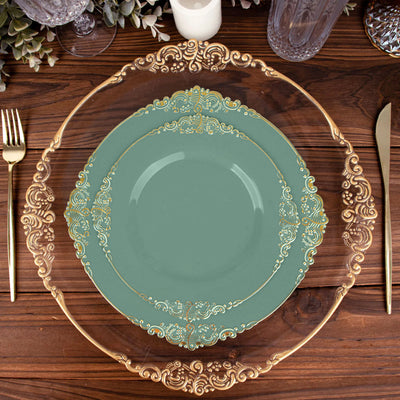 Elegant teal plate with gold accents on a decorative glass charger.