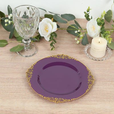 Elegant purple plate with gold detailing, surrounded by decorative elements.