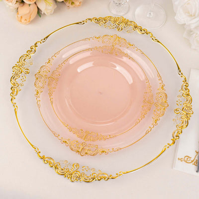 Elegant pink and gold decorative plates set on a neutral background.