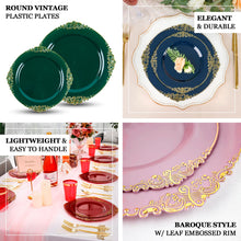10 Pack Hunter Emerald Green 10 Inch Round Plastic Plates with Gold Leaf Embossed Baroque Design 