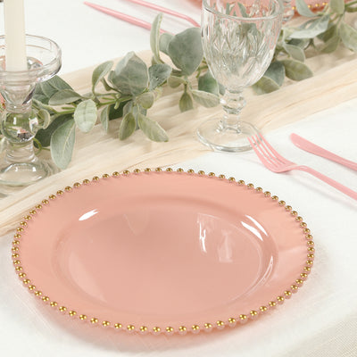 10-Pack Plastic Round Dinner Plates 10" Dusty Rose with Gold Beaded Rim - Disposable Party Plates for Stylish Gatherings & Celebrations