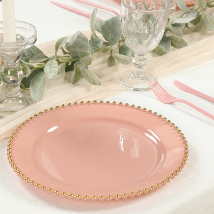 10-Pack Plastic Round Dinner Plates 10" Dusty Rose with Gold Beaded Rim - Disposable Party Plates for Stylish Gatherings & Celebrations