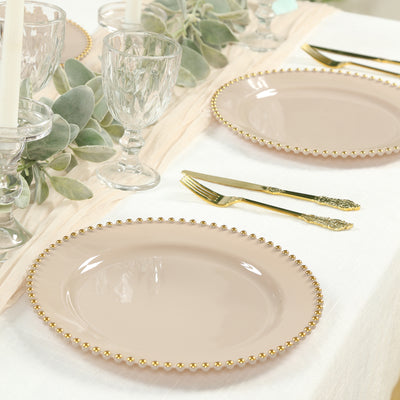 10-Pack Plastic Round Dinner Plates 10" Taupe with Gold Beaded Rim - Disposable Party Plates for Stylish Gatherings & Celebrations