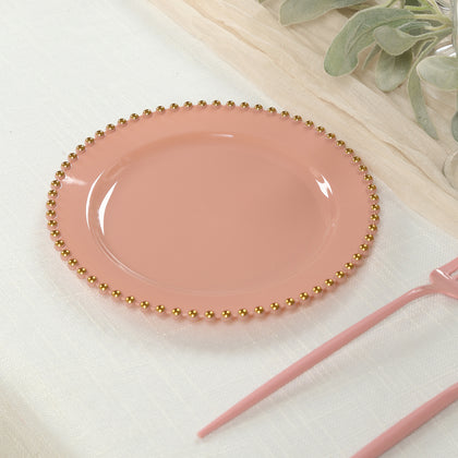 10 Pack Plastic Dessert Appetizer Plates in Dusty Rose with Gold Beaded Rim, Disposable Round Salad Party Plates 8"