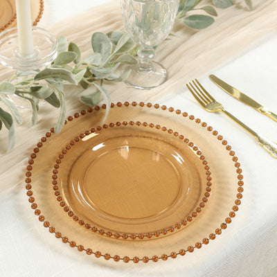 10 Pack Plastic Dessert Appetizer Plates in Amber Gold with Beaded Rim, Disposable Round Salad Party Plates 8"