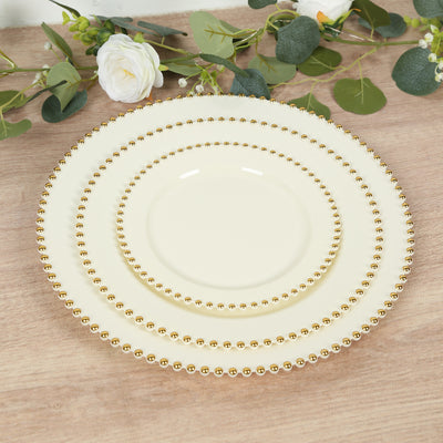 10 Pack Plastic Dessert Appetizer Plates in Ivory with Gold Beaded Rim, Disposable Round Salad Party Plates 8"