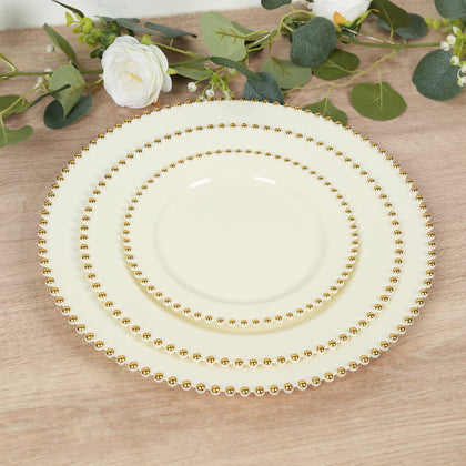 10 Pack Plastic Dessert Appetizer Plates in Ivory with Gold Beaded Rim, Disposable Round Salad Party Plates 8"